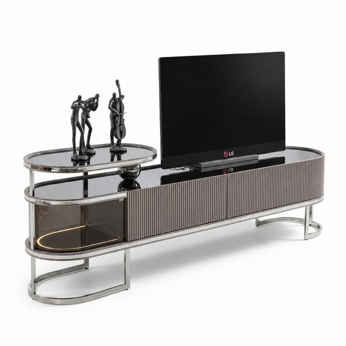 Mobile TV Moderno di Lusso con Piano in Vetro, Design Argentato a Righe di Luxury Group International