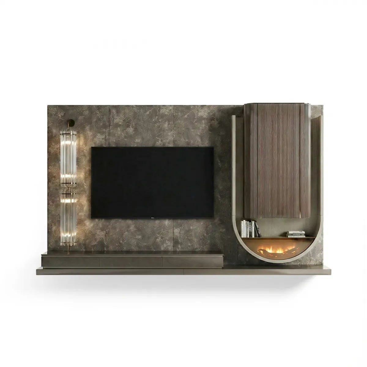 Mobile TV di lusso con finitura effetto marmo grigio carbone, finestra ad arco con fiamma e illuminazione a cristalli di Luxury Group International