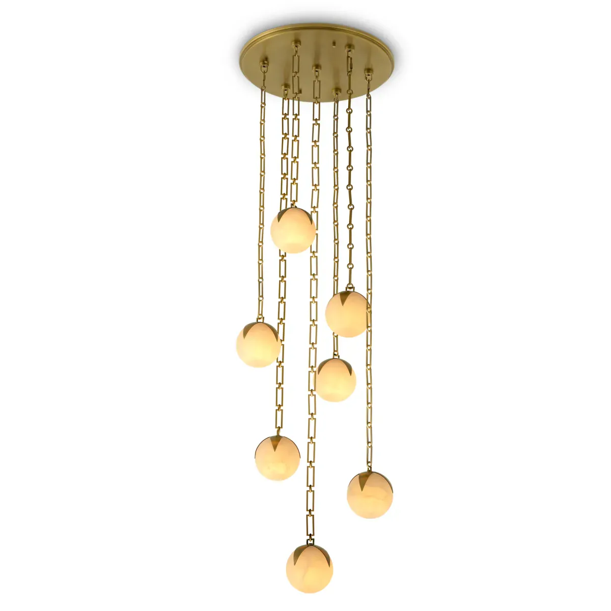 Luxury Modern Pendant Art Deco Chandelier with Gold Chain Suspension and Frosted 7 Globe Lights by Luxury Group International