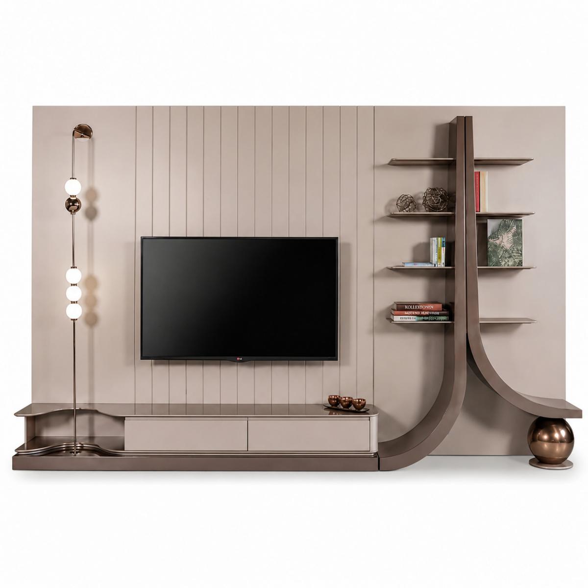 Mobile TV di Lusso Moderno con Mensola Curva in Rovere e Grigio con Illuminazione a Globo di Luxury Group International
