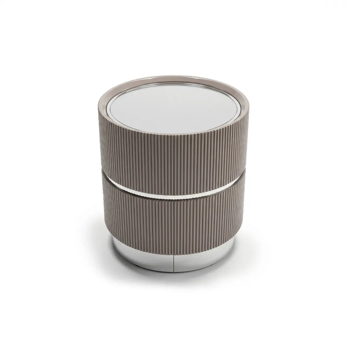 Silver & gray Luxury Modern Round Drum Shape side Table with Fluted Design by Luxury Group International