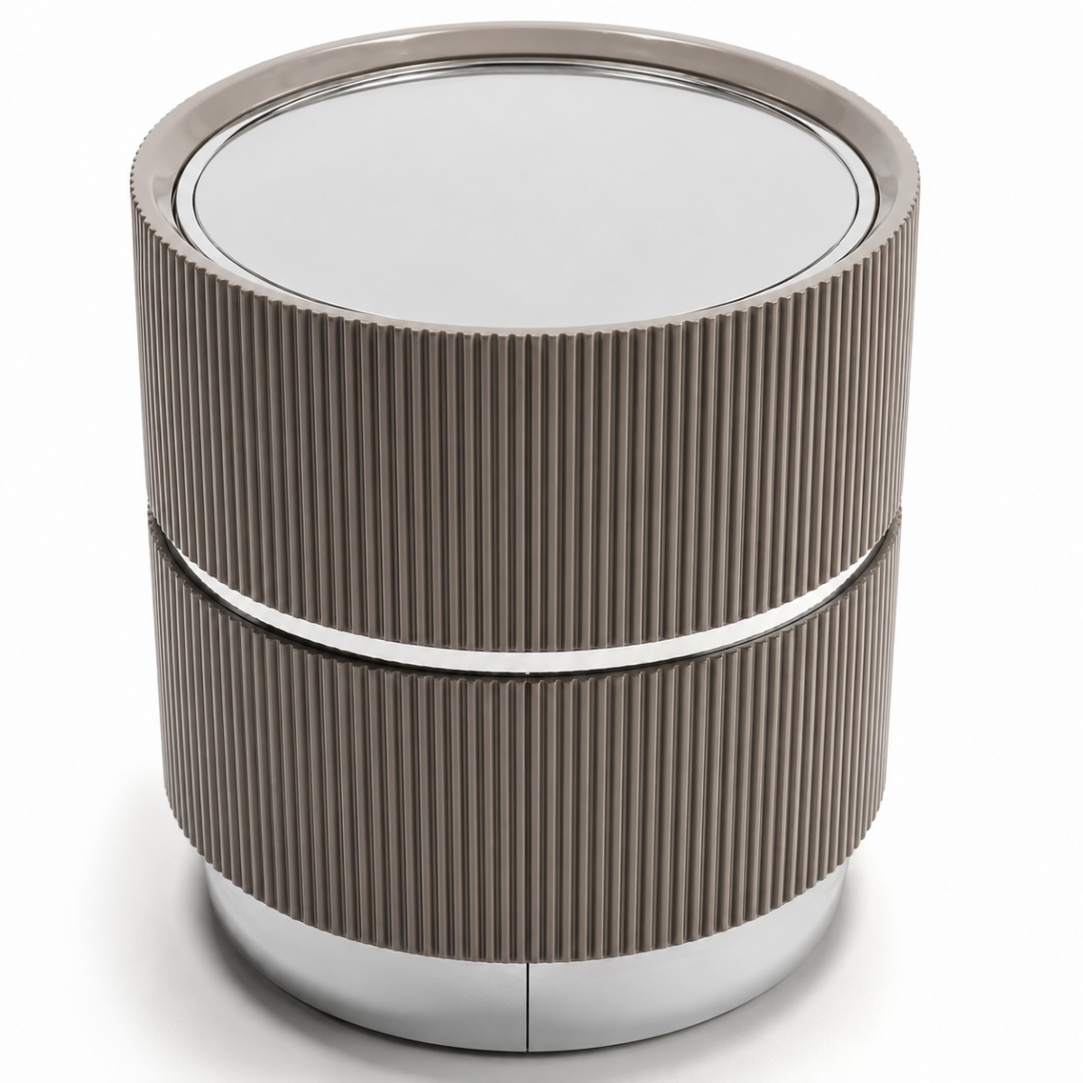 Silver & gray Luxury Modern Round Drum Shape side Table with Fluted Design Front View by Luxury Group International
