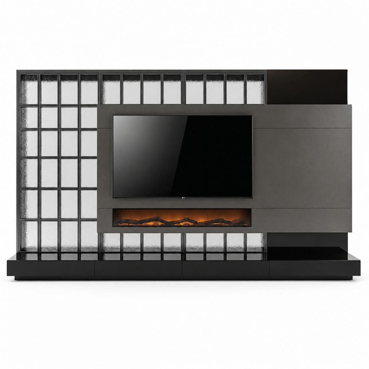 Mueble de TV Negro Moderno de Lujo con chimenea eléctrica y panel de rejilla geométrica por Luxury Group International