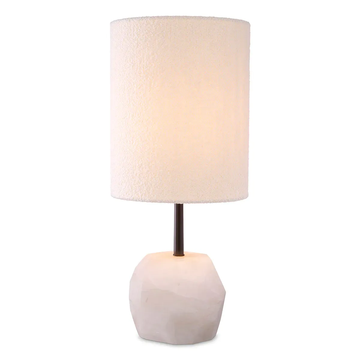 White alabaster base luxury table lamp with bouclé drumshade by Luxury Group International
