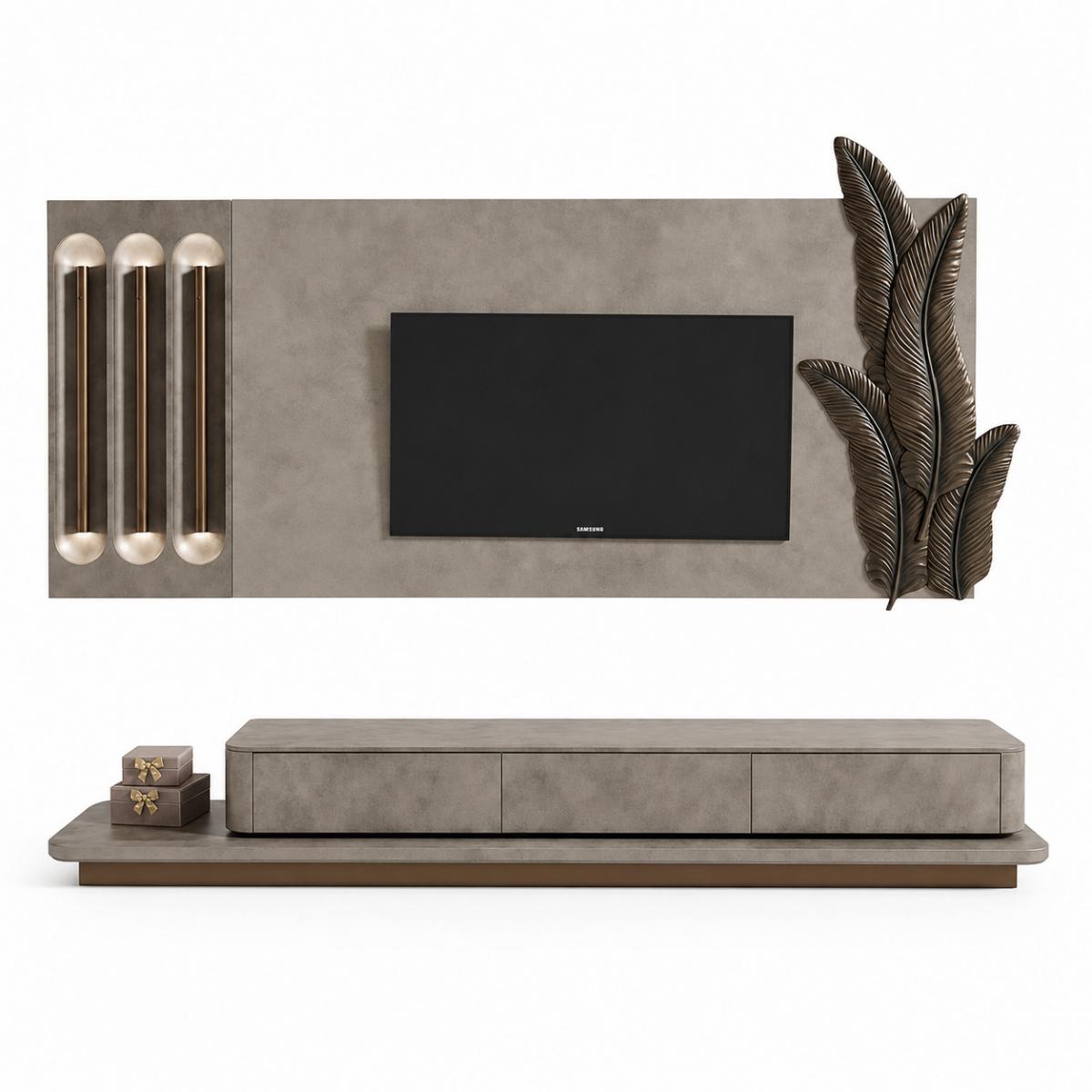 Mobile TV Moderno di Lusso Grigio Taupe con Design a Foglia Bronzo sulla Parete di Luxury Group International
