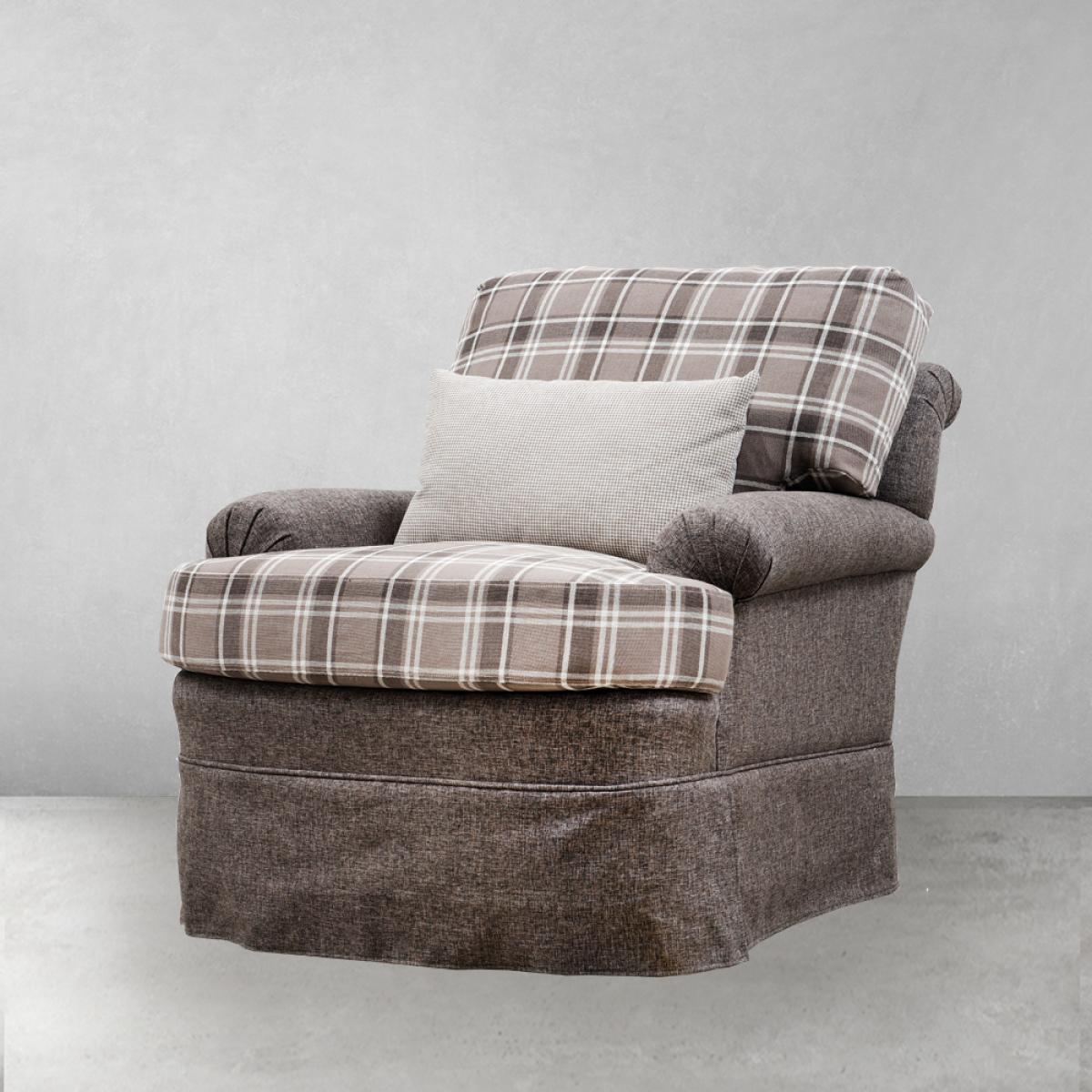 Canapé 1 place de luxe en tissu à carreaux taupe avec confort surdimensionné rembourré - Meubles de salon Vue de face par Luxury Group International