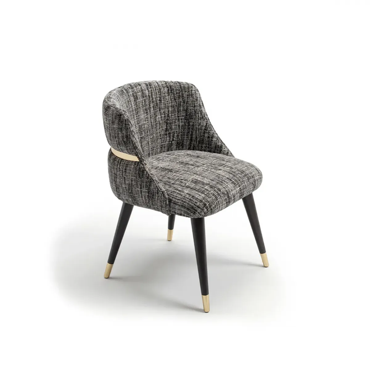 Gray upholstered luxury dining chair with black leg & golden detailing by Luxury Group International