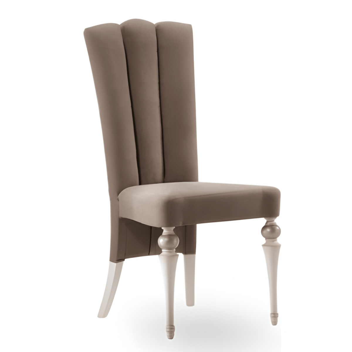 Triple-Channel High-Back Luxury Dining Chair in Taupe Velvet with Ivory Turned Leg Frame - Dining Room Furniture Front View by Luxury Group International