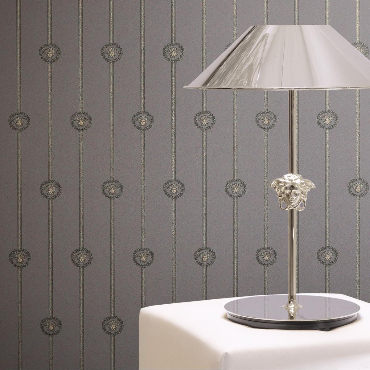 Versace Baroque Grey Black Silver Metallic Non-woven Medusa Head Wallpaper by Luxury Group International
