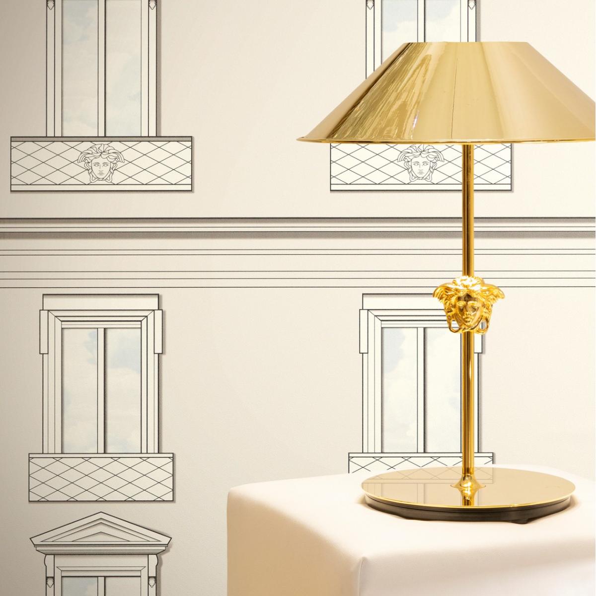 Versace Black Cream Baroque Medusa Window Non-Woven Designer Wallpap Lifestyle View by Luxury Group International