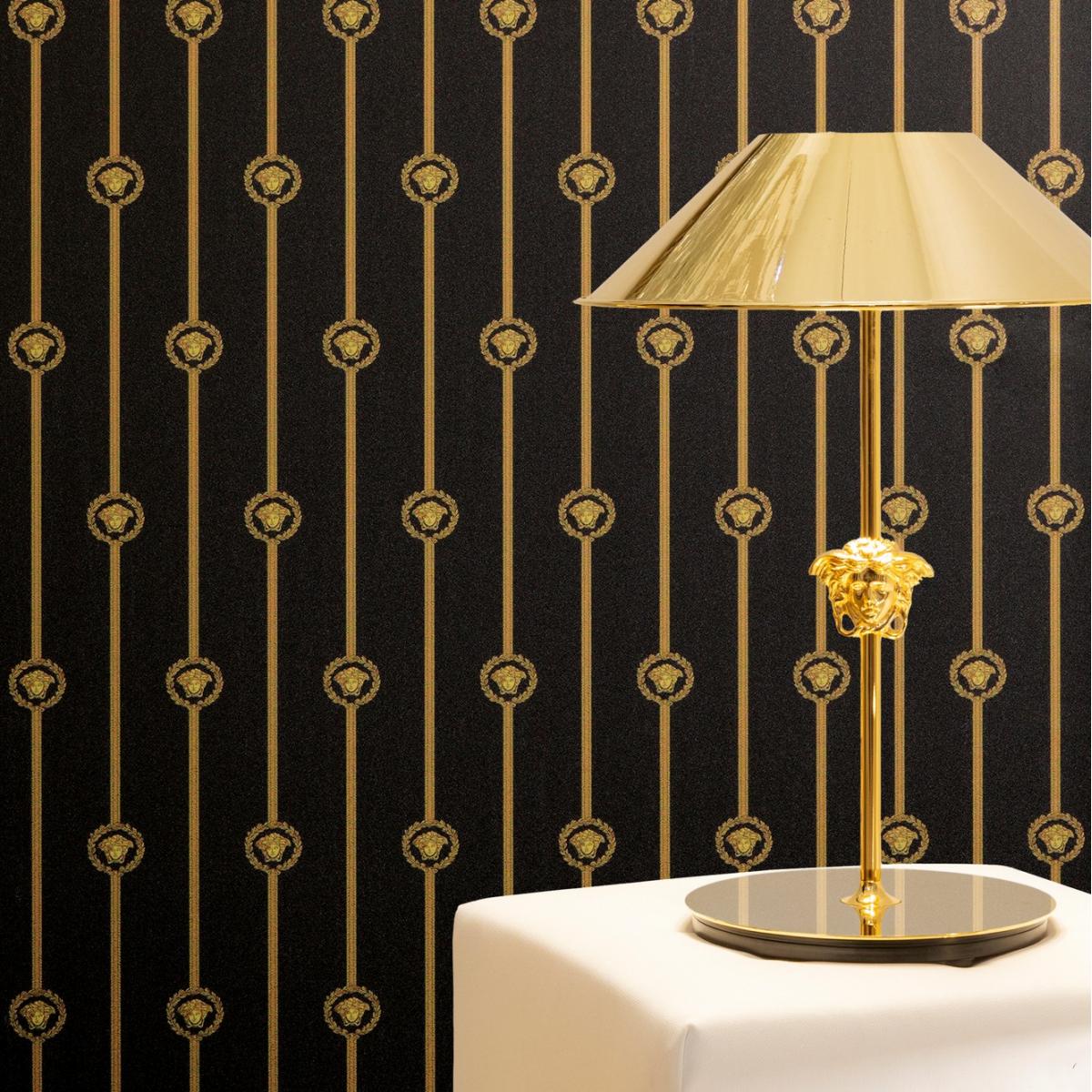 Versace Black Gold Medusa Striped Baroque Designer Wallpaper Lifestyle View by Luxury Group International