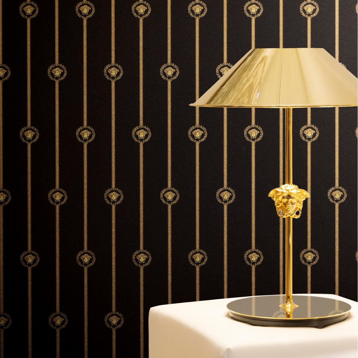 Versace Black Gold Medusa Striped Baroque Non Woven Designer Wallpaper by Luxury Group International