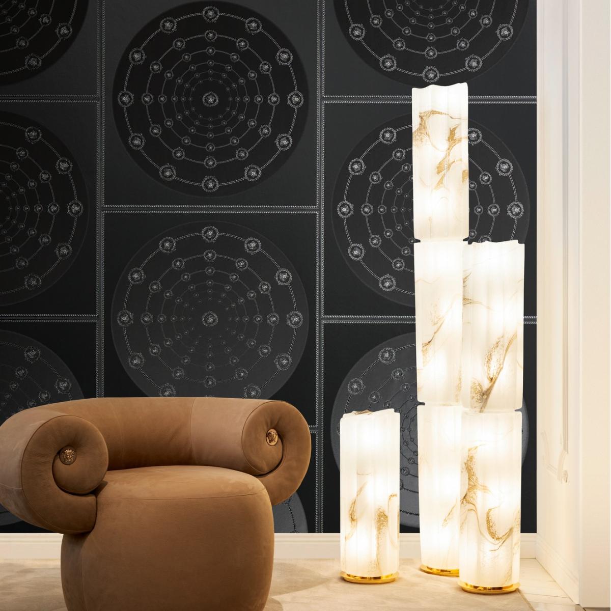 Versace Black Silver Circular Medusa Ornaments Designer Wallpaper Lifestyle View by Luxury Group International