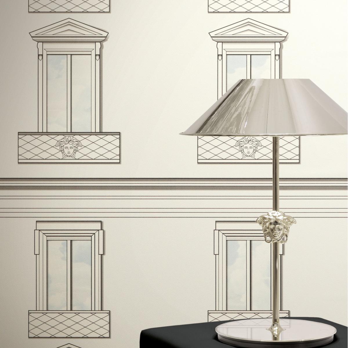 Versace Black White Baroque Medusa Window Non-Woven Designer Wallpaper by Luxury Group International