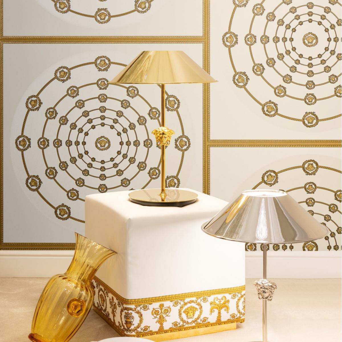 Versace Circular Medusa Ornaments Non Woven Wallpaper White Gold Black Lifestyle View by Luxury Group International