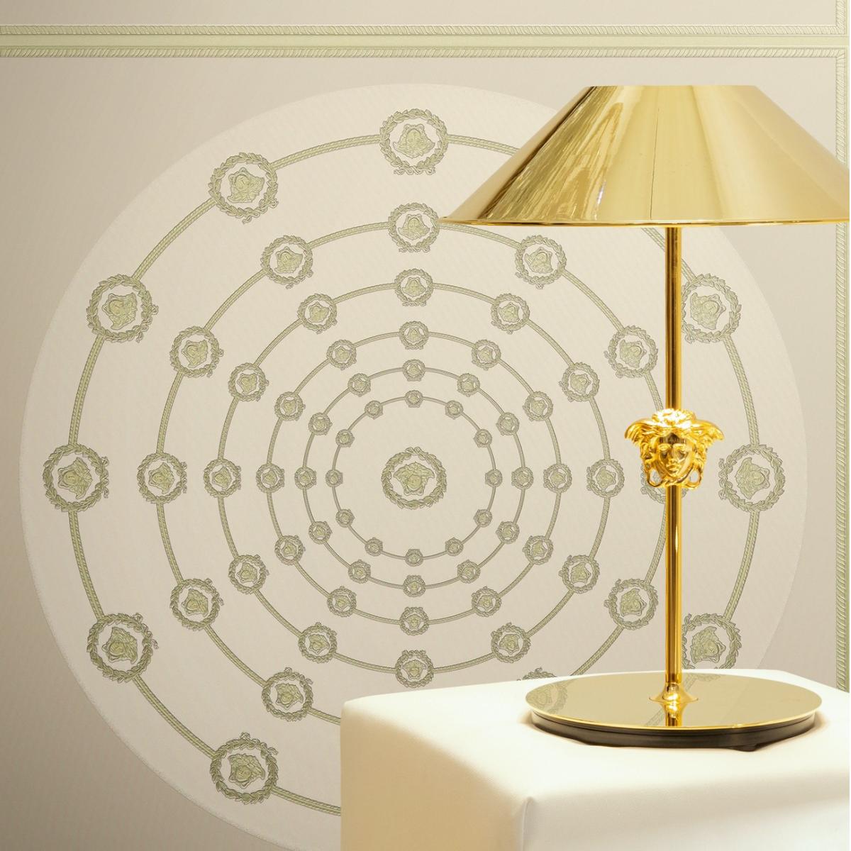 Versace Cream Light Green Circular Medusa Ornaments Non-Woven Wallpaper Lifestyle View by Luxury Group International