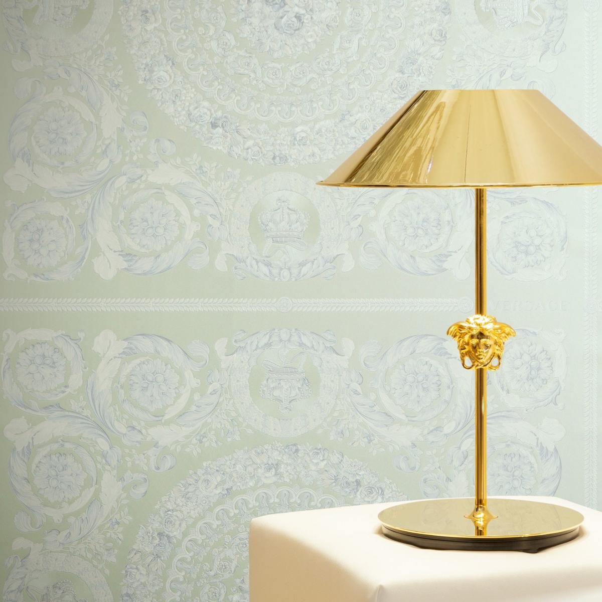 Versace Cream Pastel Green Baroque Heritage Print Designer Wallpaper Front View by Luxury Group International