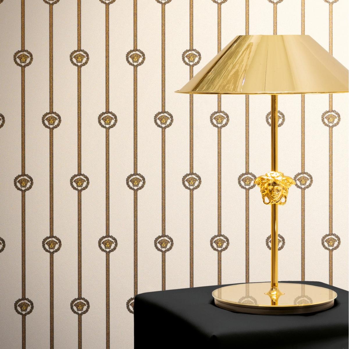 Versace White Gold Medusa Striped Baroque Non Woven Designer Wallpaper Front View by Luxury Group International