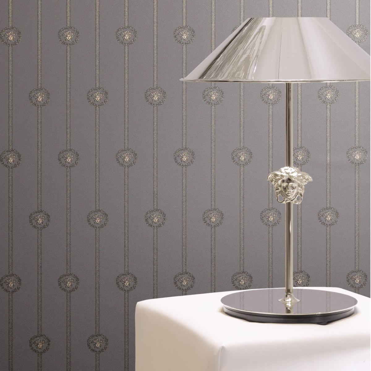 Versace Grey Golden Medusa Striped Baroque NonWoven Designer Wallpaper Lifestyle View by Luxury Group International