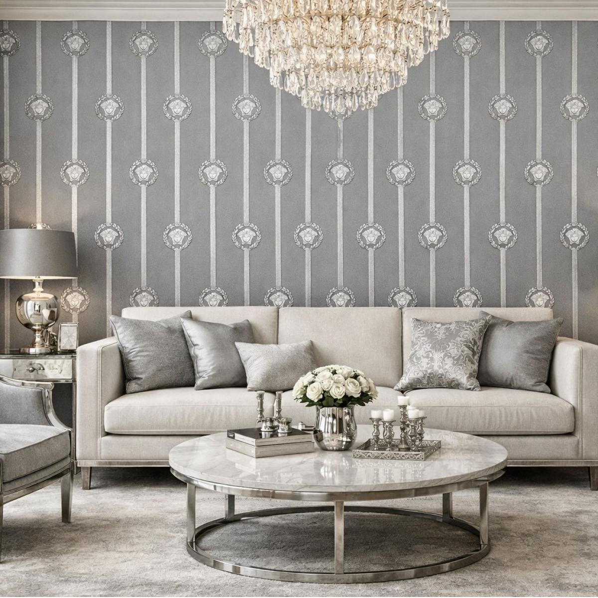 Versace Grey Silver Medusa Striped Baroque Designer Wallpaper Lifestyle View by Luxury Group International