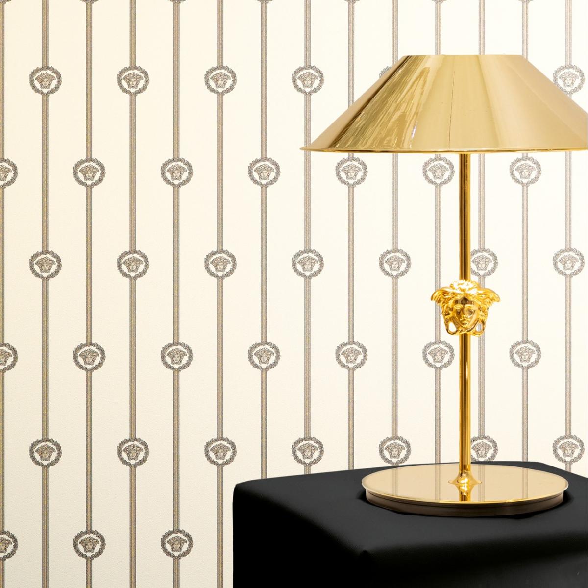 Versace White Black Medusa Stripe Baroque Non Woven Designer Wallpaper Lifestyle View by Luxury Group International