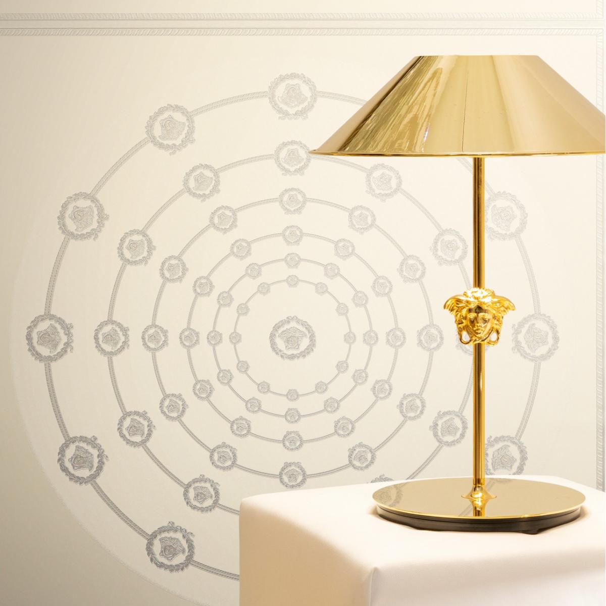 Versace White Grey Circular Medusa Ornaments Non Woven Designer Wallpaper by Luxury Group International