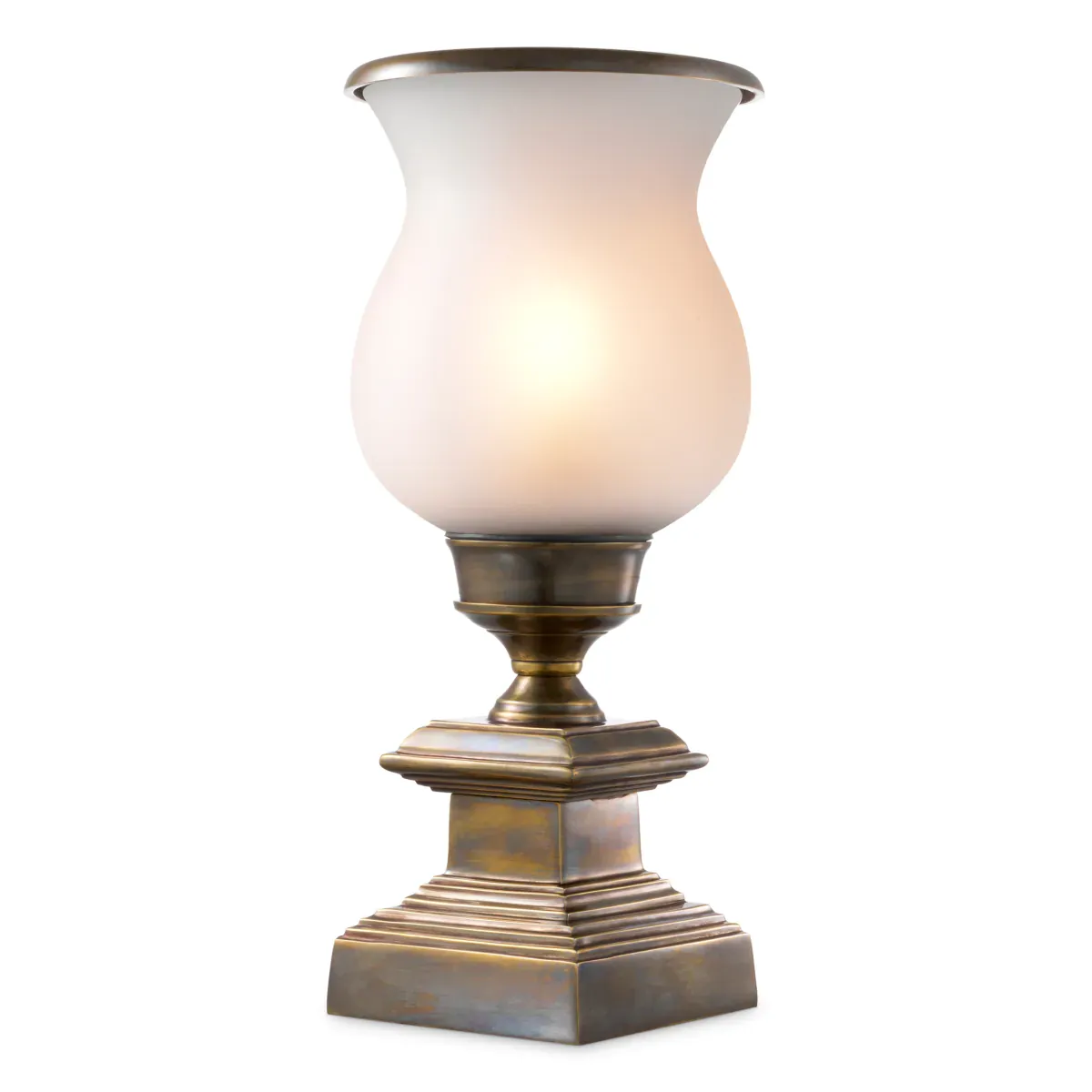 Vintage brass base white opal glass hurricane design luxury table lamp by Luxury Group International