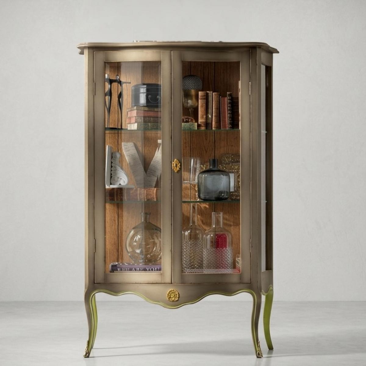 Vintage Gold-Toned Luxury Baroque Wooden Display Cabinet with Glass Doors & Curved Base - Baroque Furniture Front View by Luxury Group International