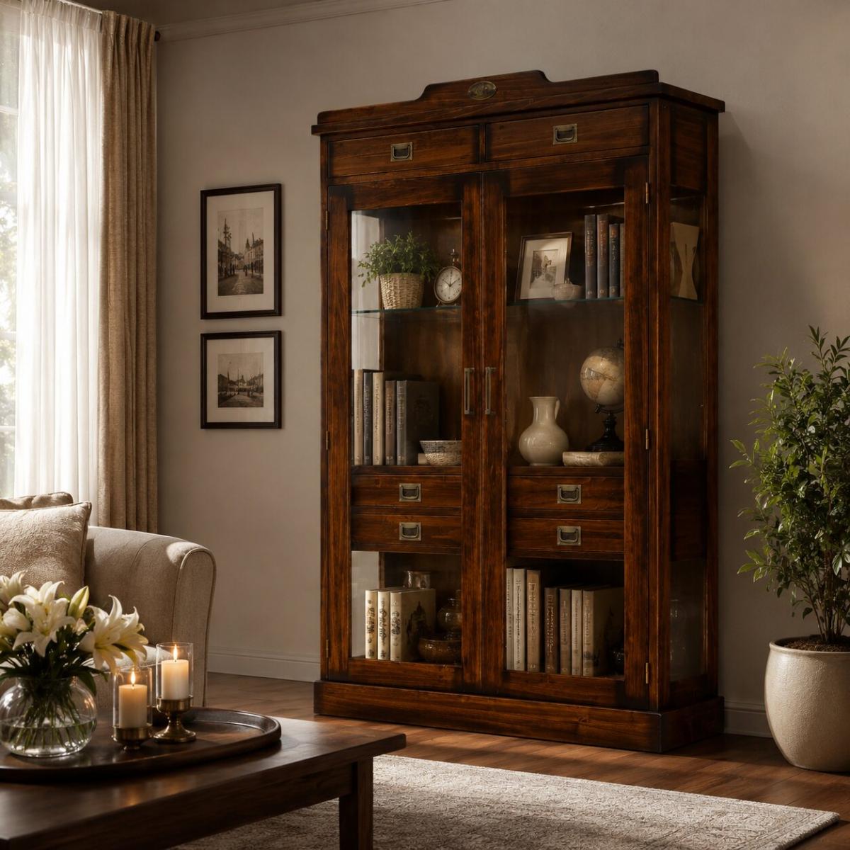 Vintage Style Luxury Display Cabinet with Glass Doors & Interior Drawer Storage - Vintage Style Furniture Lifestyle View by Luxury Group International