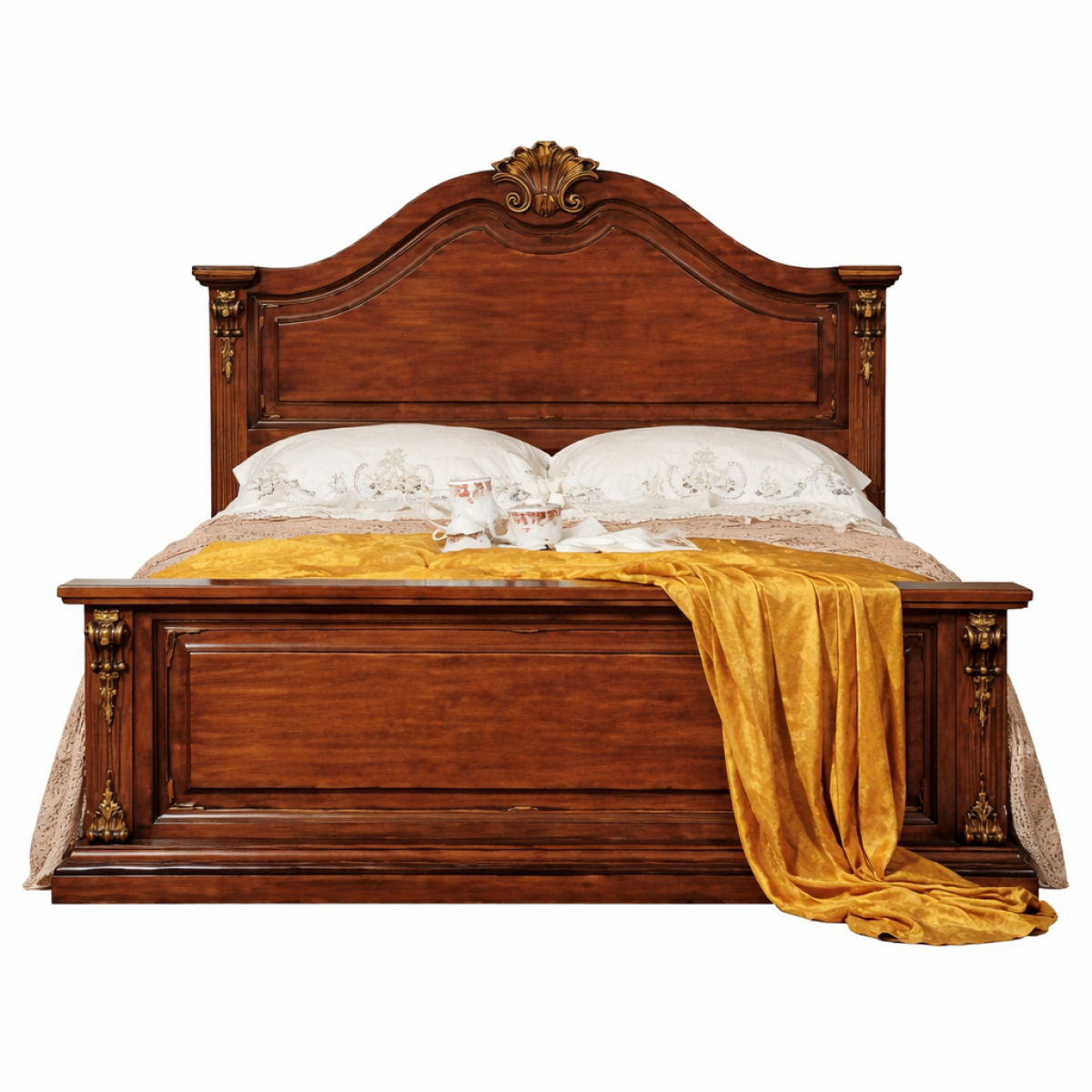 Walnut Finish Baroque Luxury Wooden Double Bed with Gold Leaf Shell Crown & Carved Column Pilasters Front View by Luxury Group International