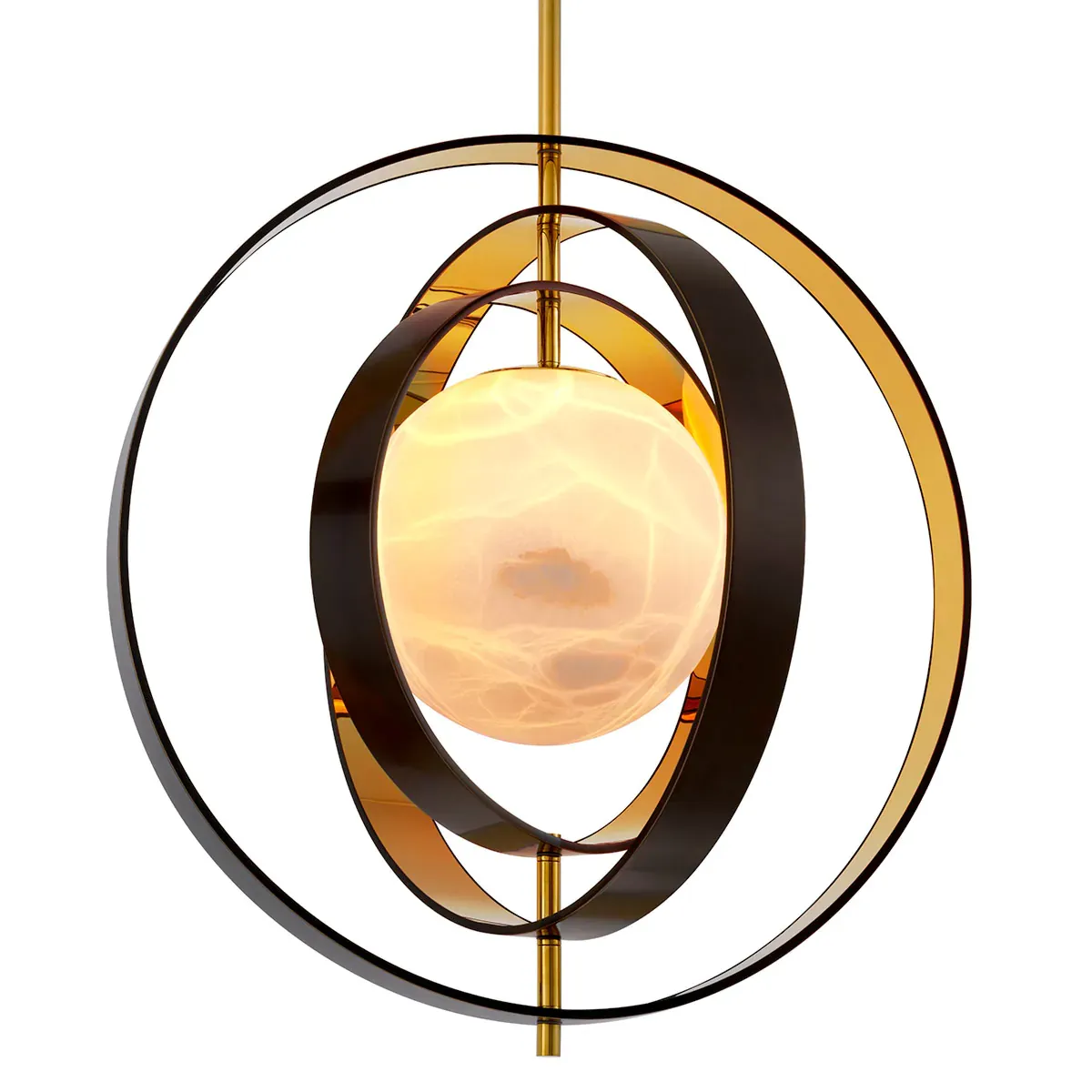 Gold-Finish Weißer Alabaster-Globus in 4 schwarzen Ringen Luxus Einzelpendelleuchte Kronleuchter von Luxury Group International