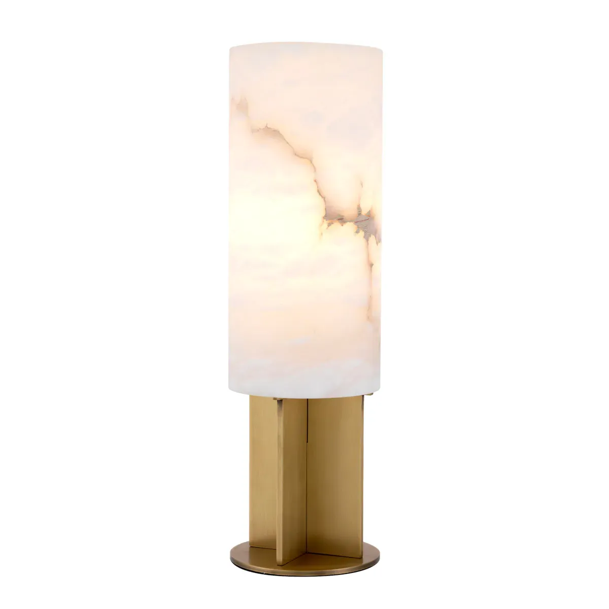 Tischlampe mit weißem Alabaster-Schirm und antik-messingfarbenem Finish, geometrische goldene Basis von Luxury Group International
