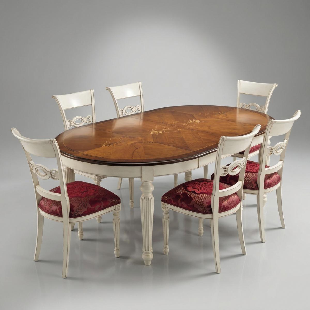 White Baroque Luxury Dining Room Set - 1 Oval Table with Marquetry Tabletop & 6 Floral Upholstered Chairs Front View by Luxury Group International