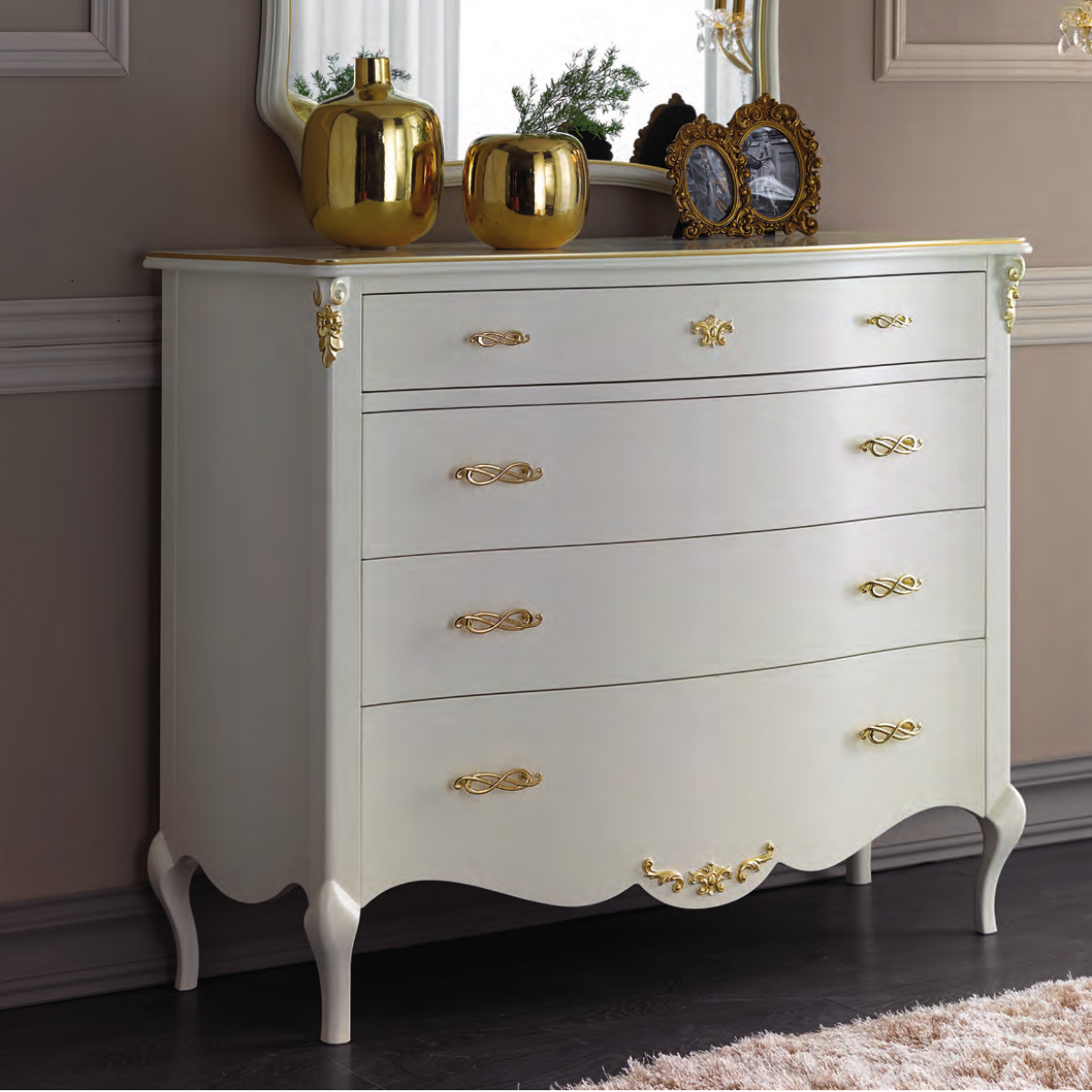 White Baroque Luxury Dresser with Gold Accent - Multi Drawer Storage - Baroque Furniture Front View by Luxury Group International