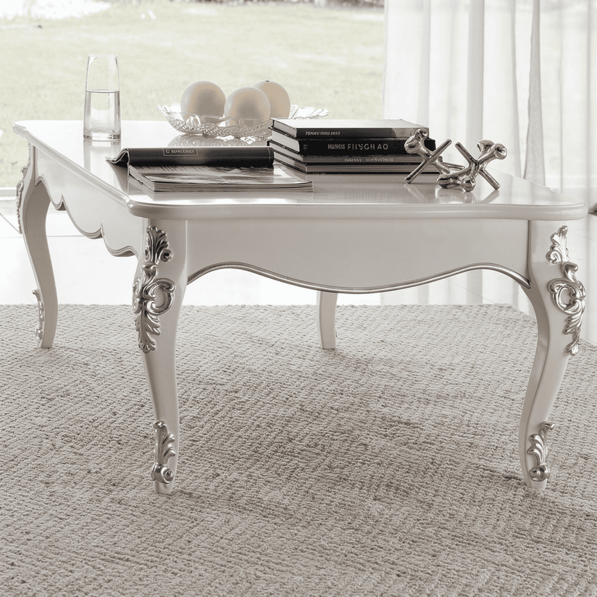 White Finish Luxury Baroque Coffee Table with Silver Ornate Sculpted Legs - Living Room Furniture Front View by Luxury Group International