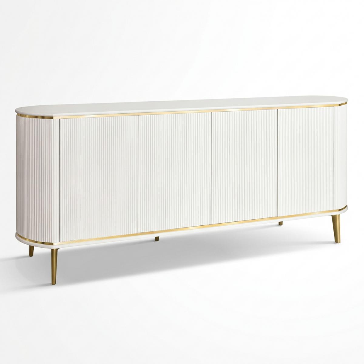 Buffet de Luxe Courbé Laqué Blanc avec Accents Dorés et Panneaux de Portes Cannelés Blancs - Mobilier de Salon Vue de face par Luxury Group International