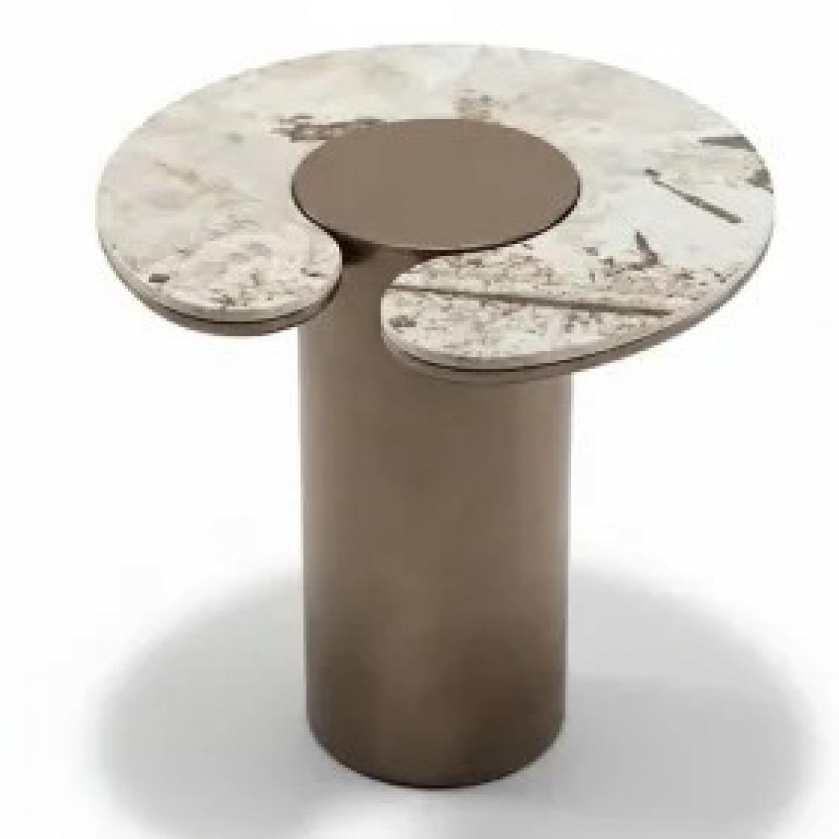 White Marble top & Bronze Disc Modern Luxury Side Table by Luxury Group International