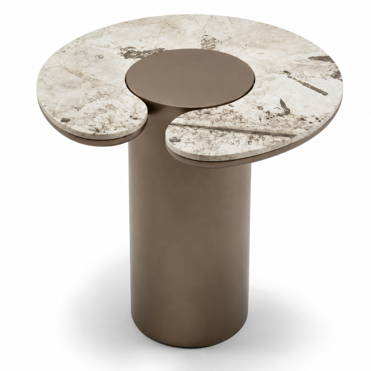 White Marble top & Bronze Disc Modern Luxury Side Table by Luxury Group International