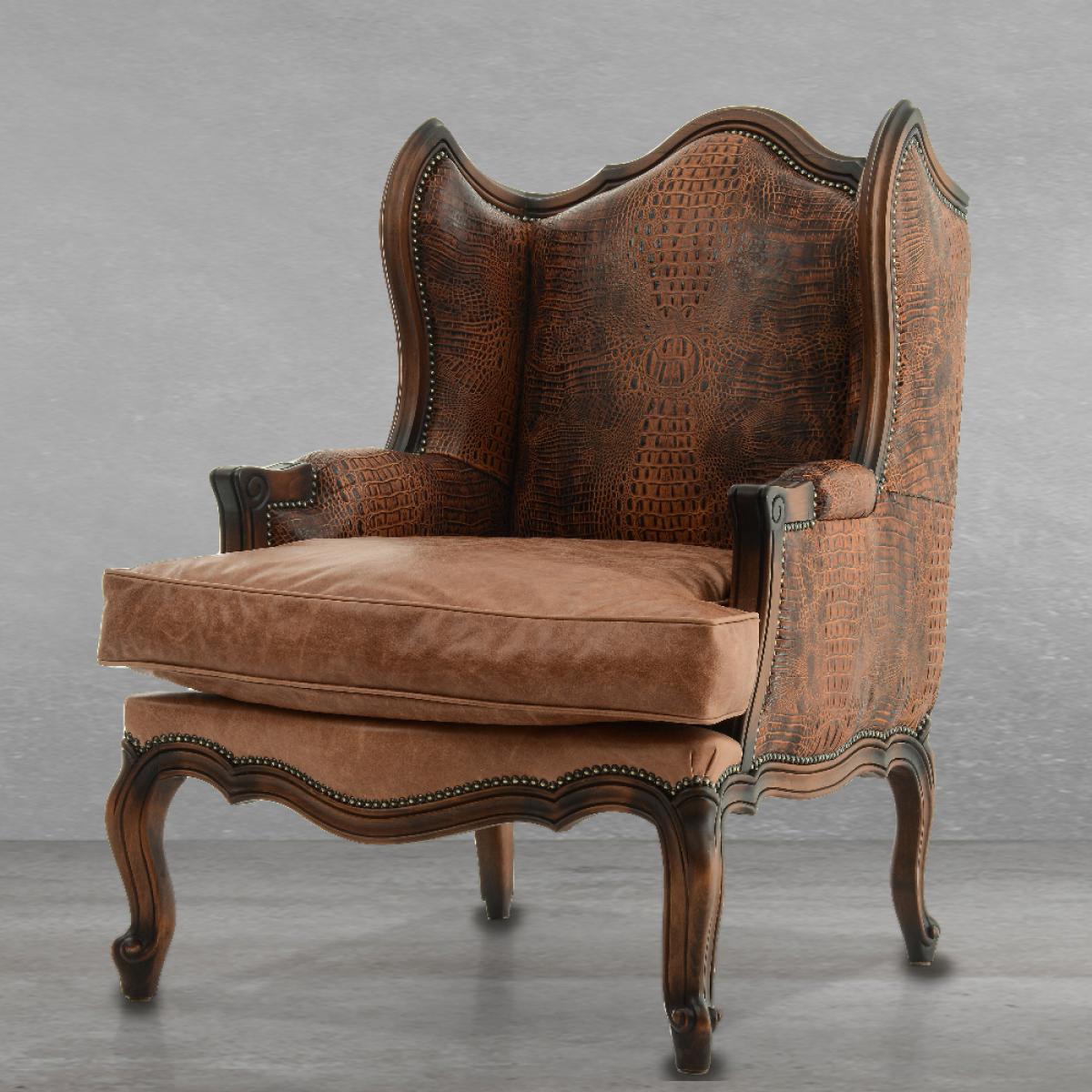 Fauteuil Canapé en Cuir Baroque de Luxe à Dossier Ailé avec Panneaux Texturés Crocodile - Mobilier de Salon Vue de face par Luxury Group International