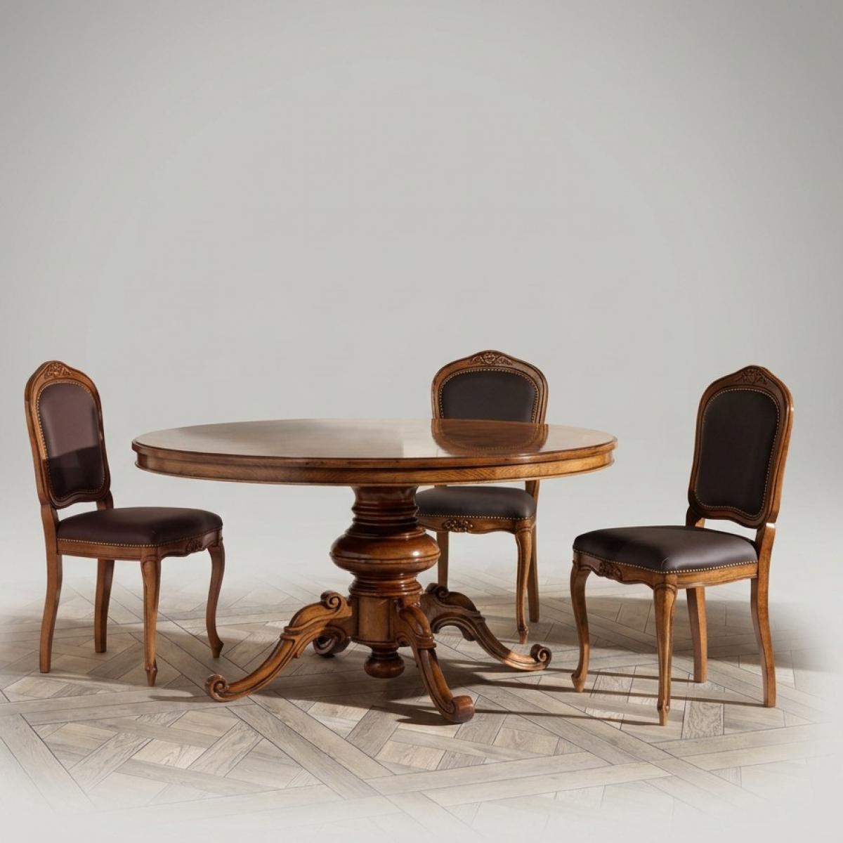Wooden Baroque Round Pedestal Luxury Dining Room Set - 1 Circular Table & 4 Upholstered Chairs Front View by Luxury Group International