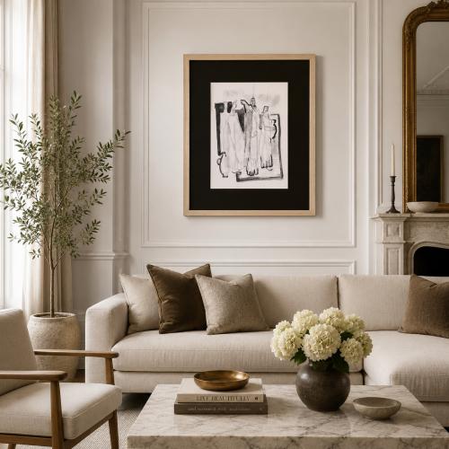 Schwarz-weiße figurative abstrakte Luxus-Wandkunst mit natürlichem Holzrahmen von Luxury Group International
