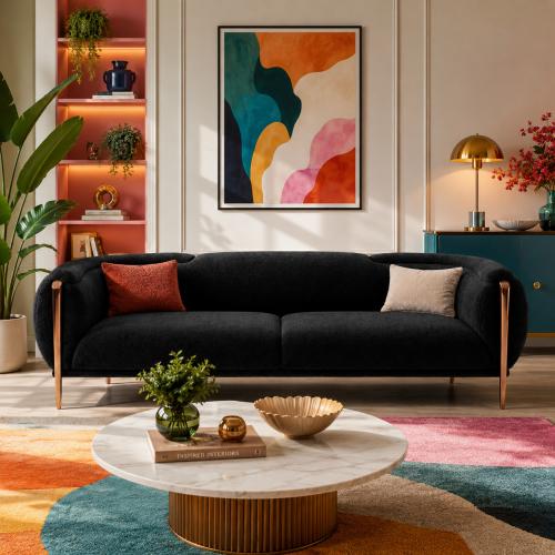 Sofá Curvo Contemporáneo Negro de Lujo con Detalles en Oro Rosa para Salones Modernos por Luxury Group International