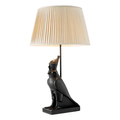 Lampada da tavolo di lusso con base a forma di falco nero e paralume beige plissettato di Luxury Group International