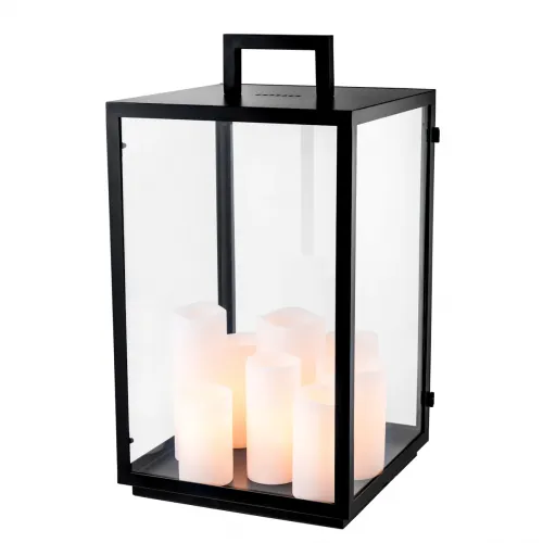 Lampada da Tavolo di Lusso Lanterna con Cornice Nera in Scatola di Vetro Trasparente con 8 Candele Finte di Luxury Group International