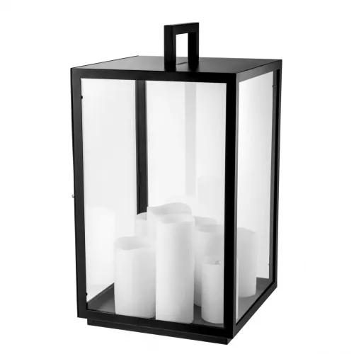 Black Frame Lantern Luxury Table Lamp in Clear Glass Box with 8 Faux Candles by Luxury Group International