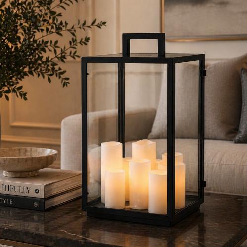 Black Frame Lantern Luxury Table Lamp in Clear Glass Box with 8 Faux Candles by Luxury Group International