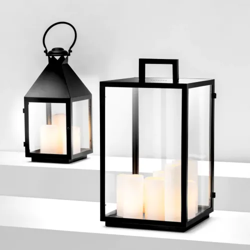 Black Frame Lantern Luxury Table Lamp in Clear Glass Box with 8 Faux Candles by Luxury Group International