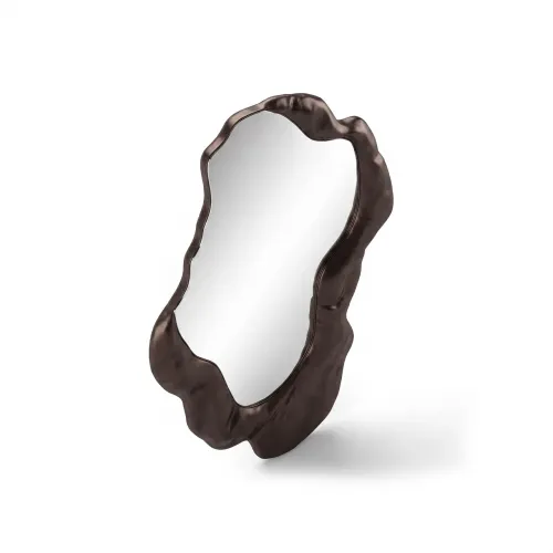 Black Irregular Metal Frame Sculptural Wavy Modern Mirror in Walnut Wood by Luxury Group International