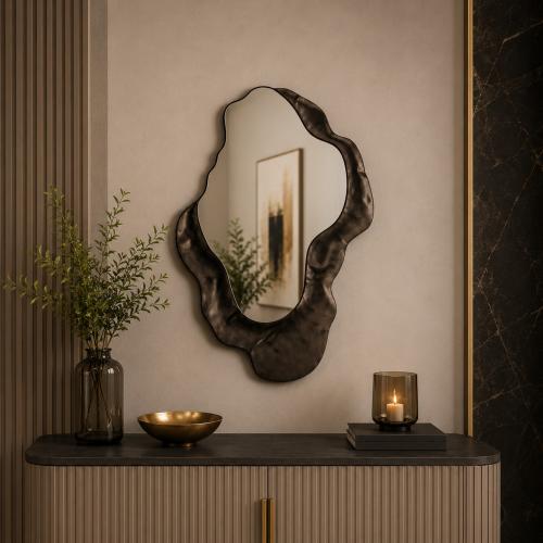 Black Irregular Metal Frame Sculptural Wavy Modern Mirror in Walnut Wood by Luxury Group International