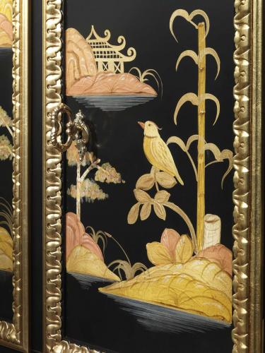 Black Lacquered Baroque Luxury Cabinet with Ornate Gold Leaf Details & Cream Marble Top - Royal Furniture Detail View by Luxury Group International